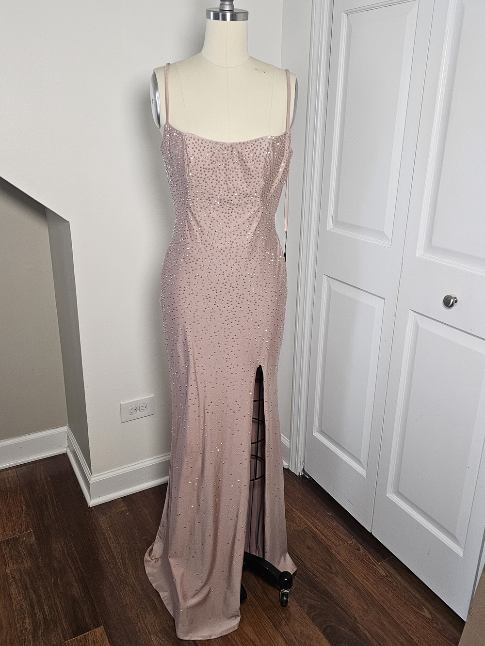 New! La Femme Blush Pink Beaded Spaghetti-Strap Prom Gown
